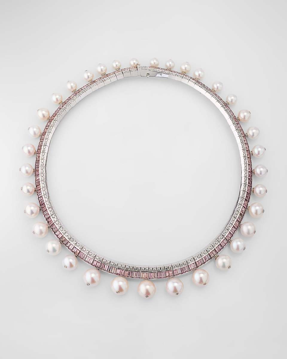 Platinum Pearl, Garnet, and Diamond Necklace